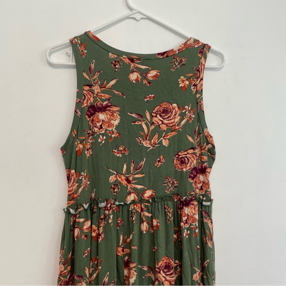 LILY ROSE Olive Green Peach Orange Floral Ruffle Sleeveless Mini Fit Flare Dress - Picture 11 of 12